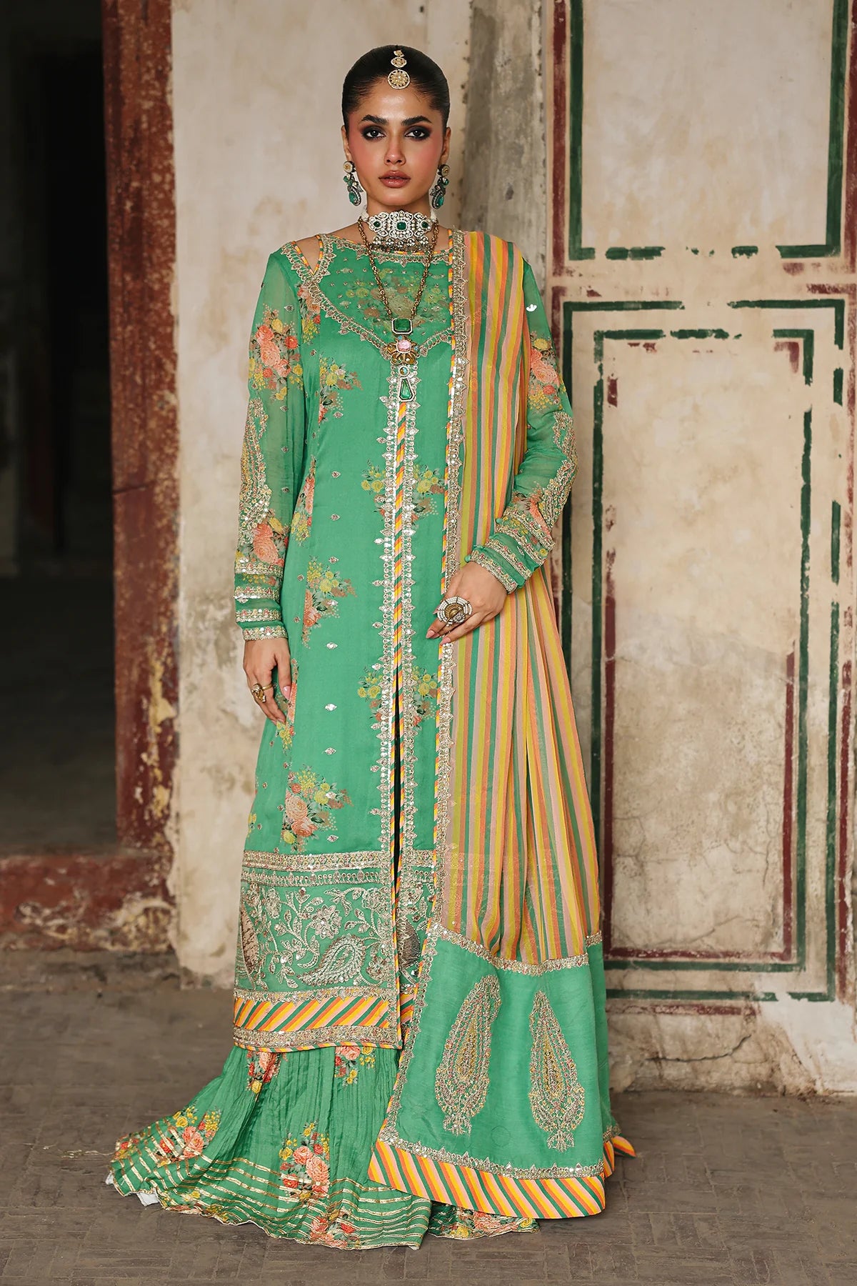 VSL25-28 – Buy now green embroidered chiffon 3 piece suit online with raw silk trouser and chiffon dupatta by Charizma, available at Pakistanimoda.