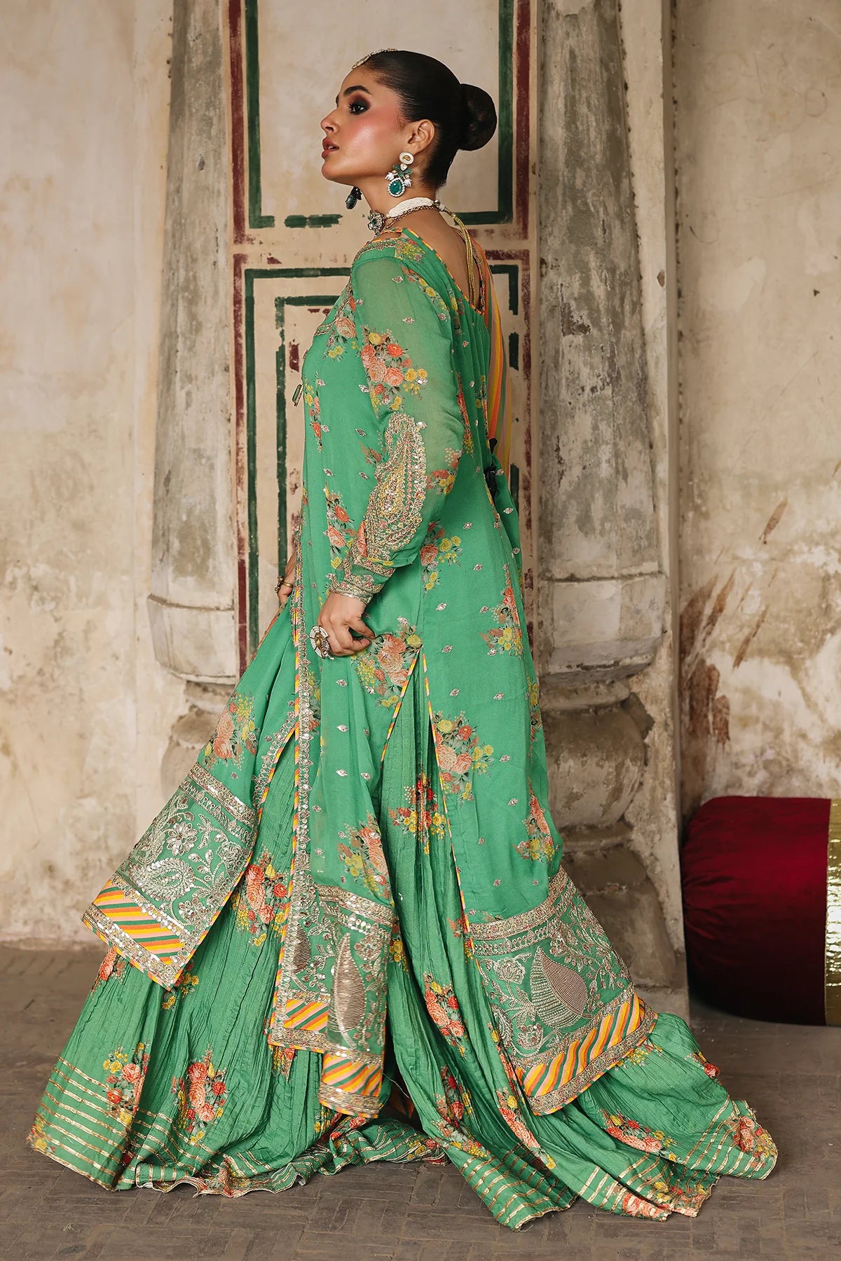 VSL25-28 – Buy now green embroidered chiffon 3 piece suit online with raw silk trouser and chiffon dupatta by Charizma, available at Pakistanimoda.