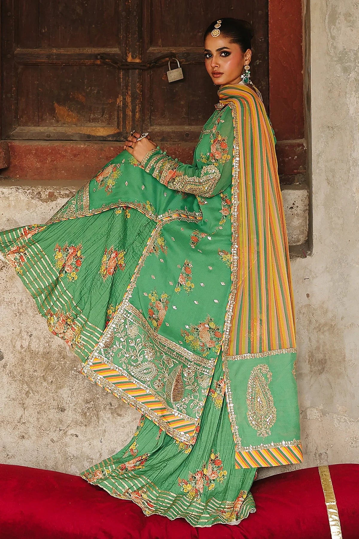 VSL25-28 – Buy now green embroidered chiffon 3 piece suit online with raw silk trouser and chiffon dupatta by Charizma, available at Pakistanimoda.