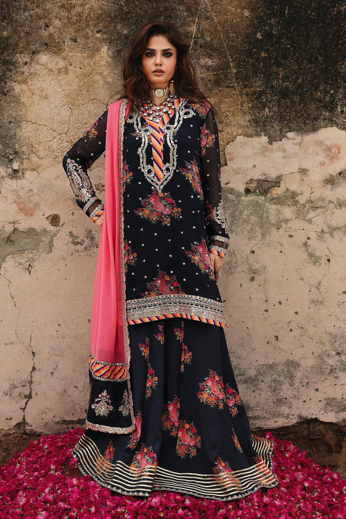 Charizma VSL25-29 black embroidered chiffon short shirt with floral raw silk sharara and pink chiffon dupatta – Chiffon Collection at Pakistanimoda.