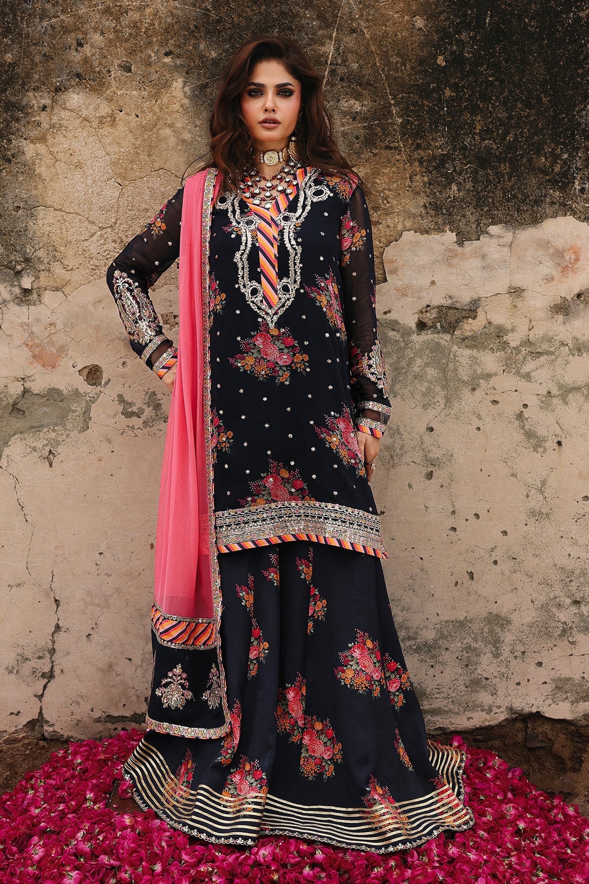 Charizma VSL25-29 black embroidered chiffon short shirt with floral raw silk sharara and pink chiffon dupatta – Chiffon Collection at Pakistanimoda.