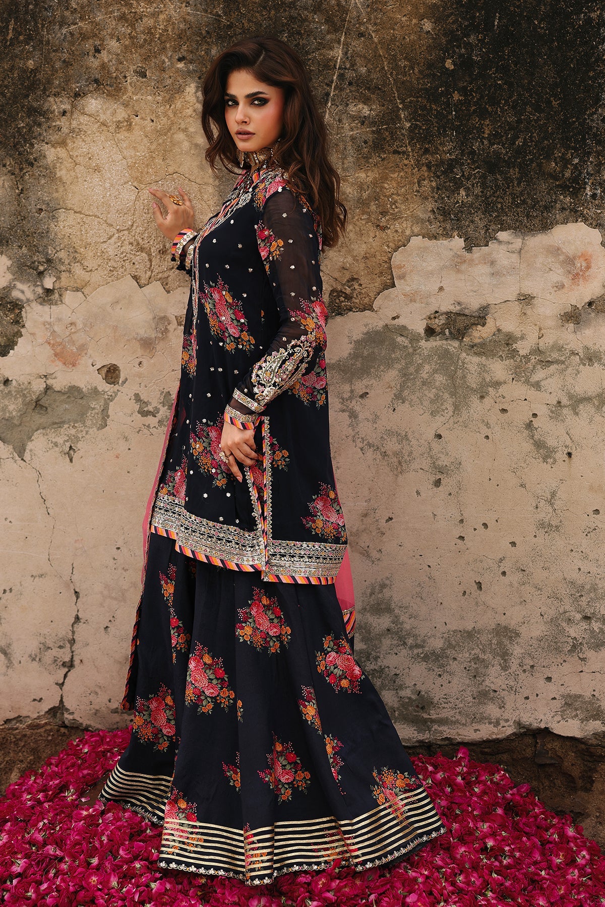 Charizma VSL25-29 black embroidered chiffon short shirt with floral raw silk sharara and pink chiffon dupatta – Chiffon Collection at Pakistanimoda.