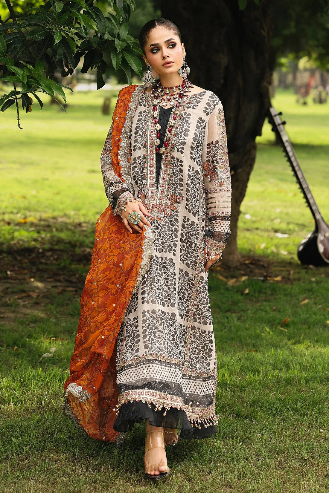 VSL25-30 beige chiffon embroidered Pakistani festive 3 piece suit with raw silk trouser and orange printed chiffon dupatta – Shop at Pakistanimoda.