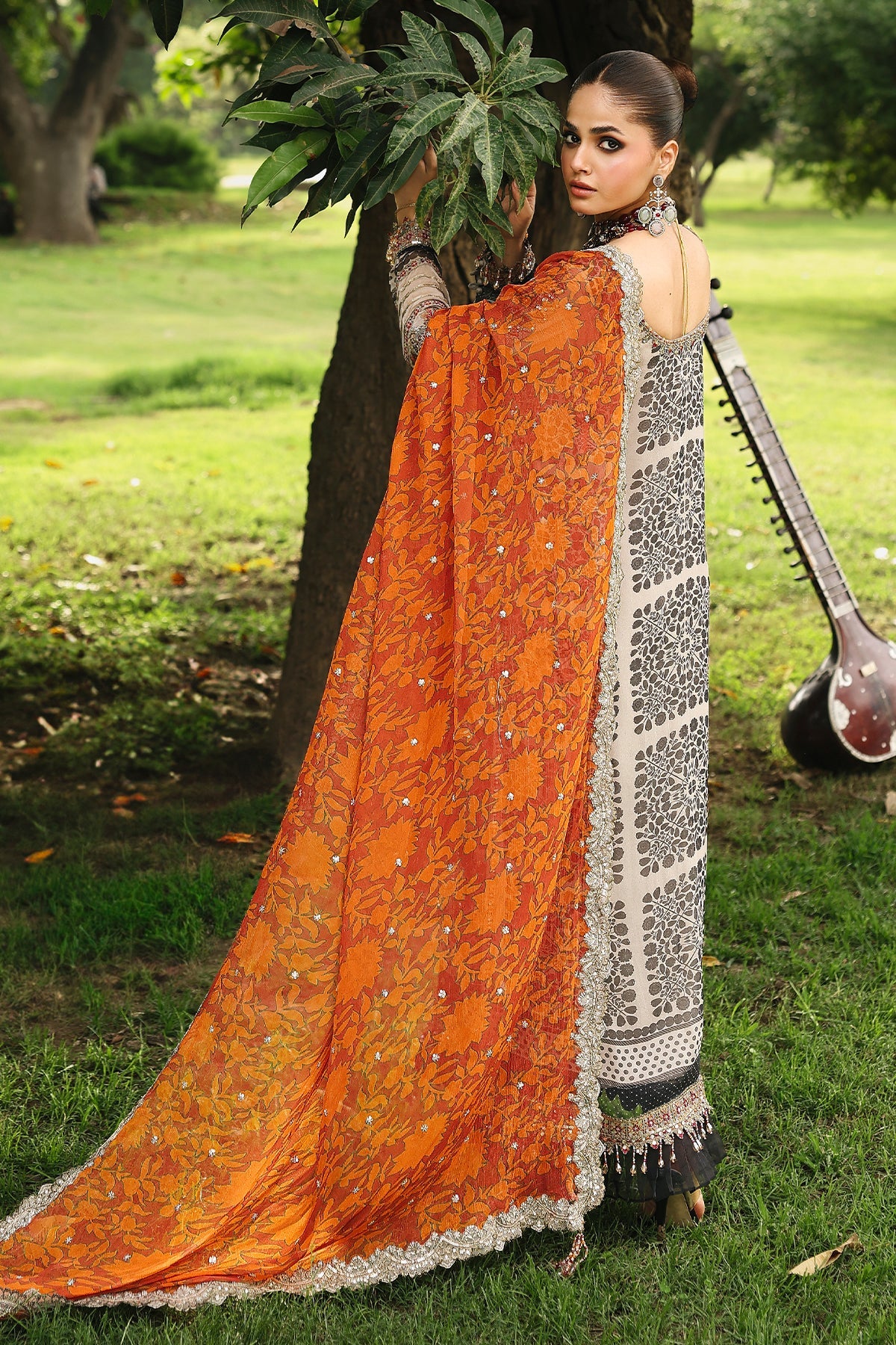 VSL25-30 beige chiffon embroidered Pakistani festive 3 piece suit with raw silk trouser and orange printed chiffon dupatta – Shop at Pakistanimoda.