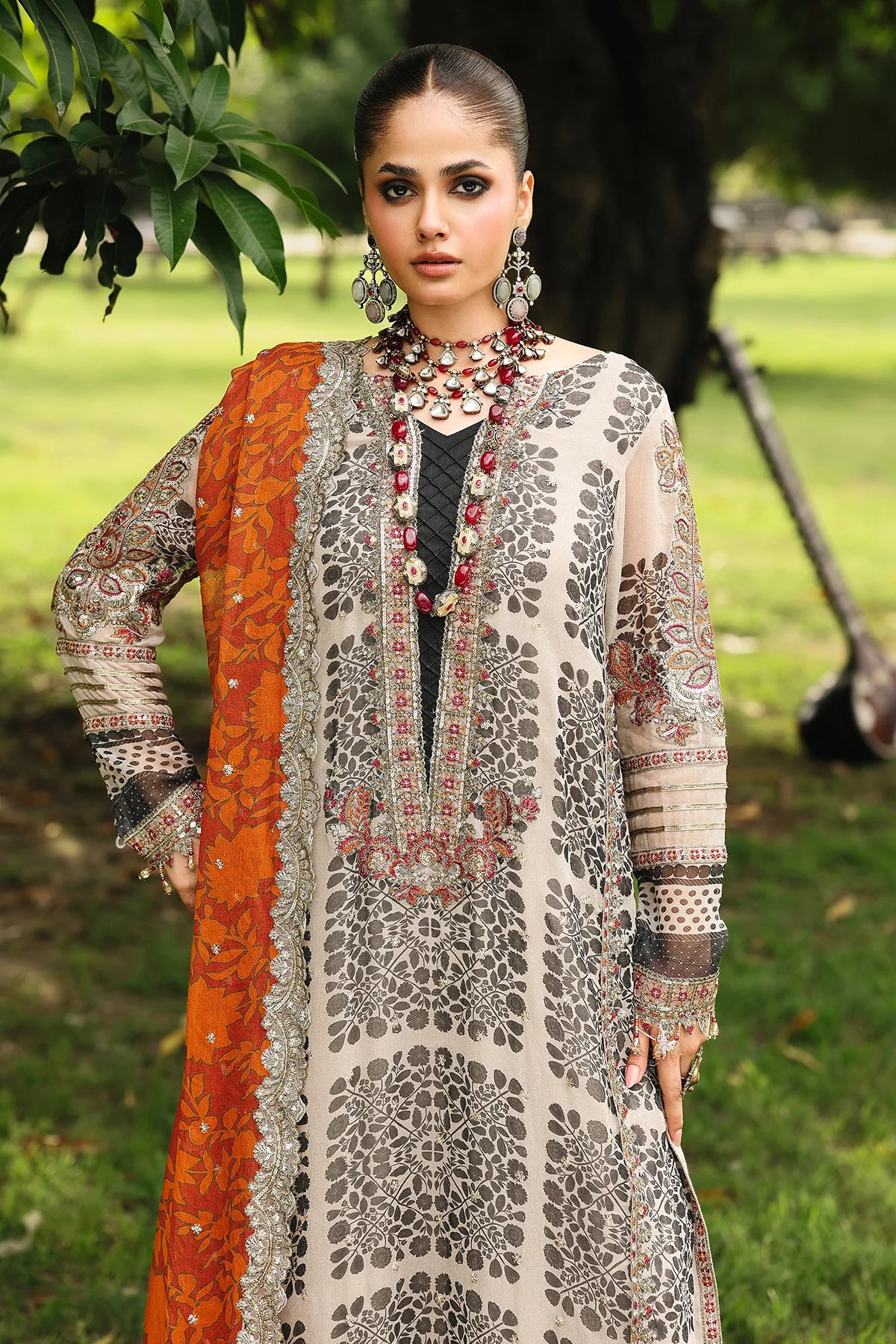 VSL25-30 beige chiffon embroidered Pakistani festive 3 piece suit with raw silk trouser and orange printed chiffon dupatta – Shop at Pakistanimoda.