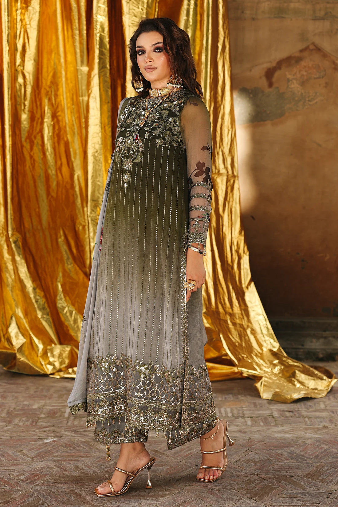 VSL25-31 Charizma Olive Grey Vasal Vol 5 Stitched Chiffon Suit – Luxury festive & wedding wear online at Pakistanimoda.com with worldwide shipping.