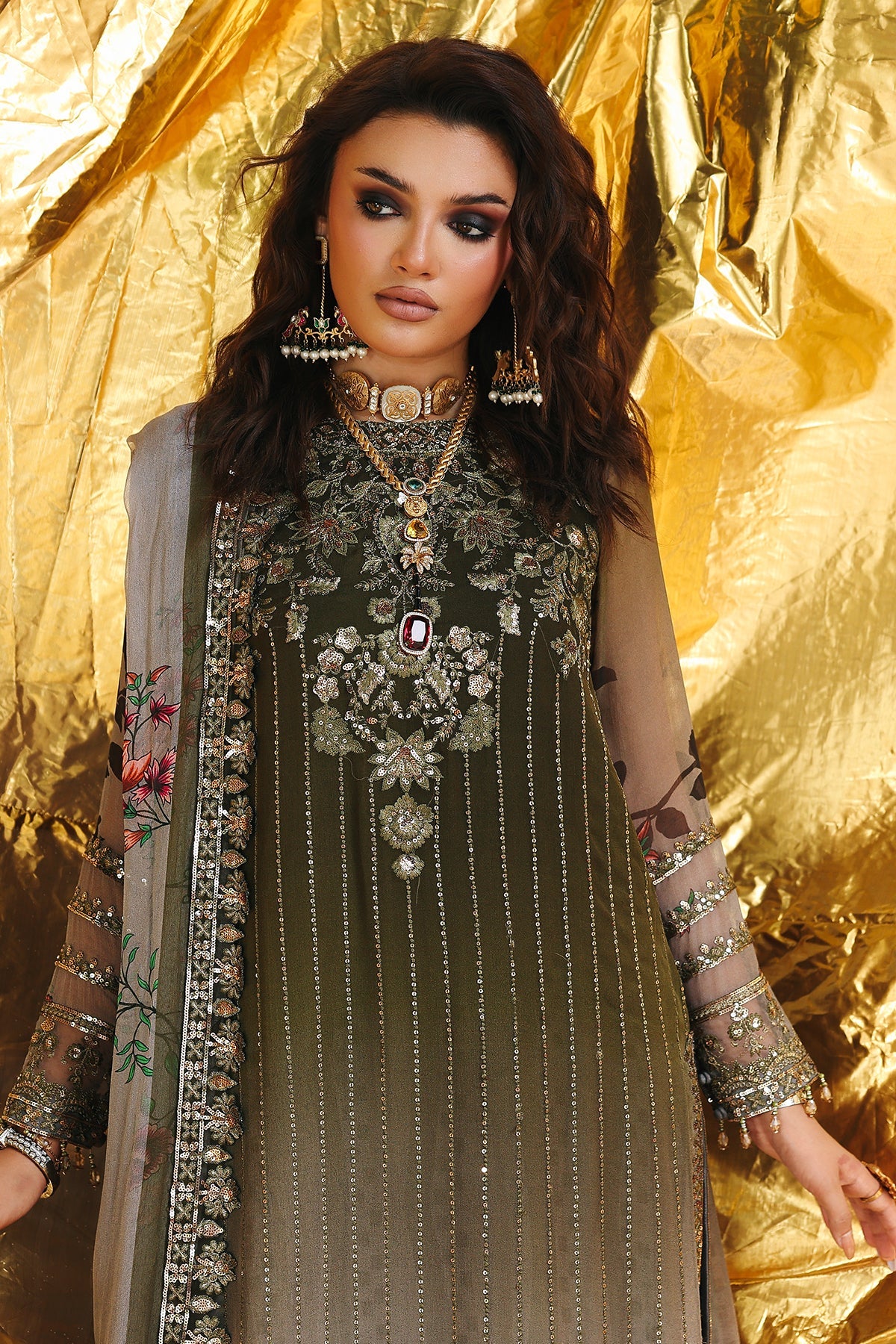 VSL25-31 Charizma Olive Grey Vasal Vol 5 Stitched Chiffon Suit – Luxury festive & wedding wear online at Pakistanimoda.com with worldwide shipping.