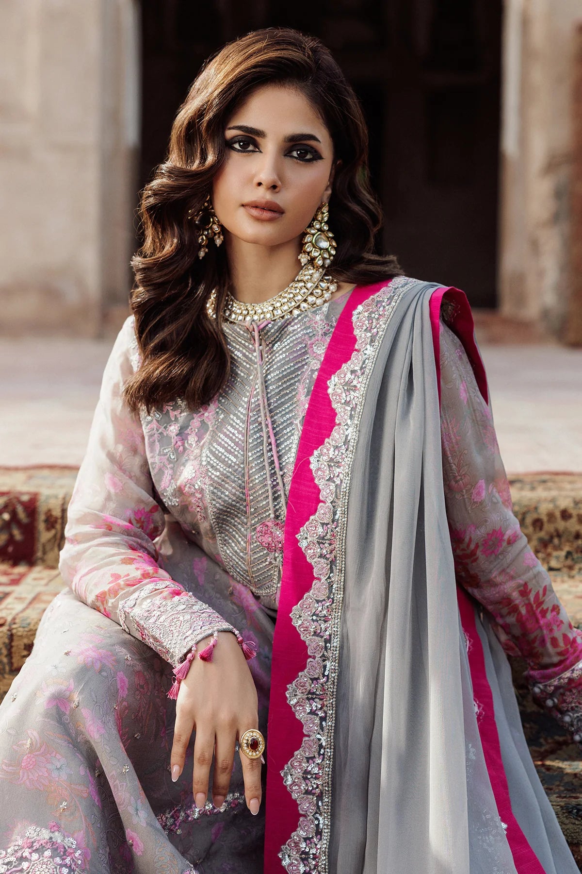 VSL25-34 Charizma Pink Grey Vasal Vol 5 Stitched Chiffon Suit – Luxury wedding & festive wear online at Pakistanimoda.com with worldwide shipping.