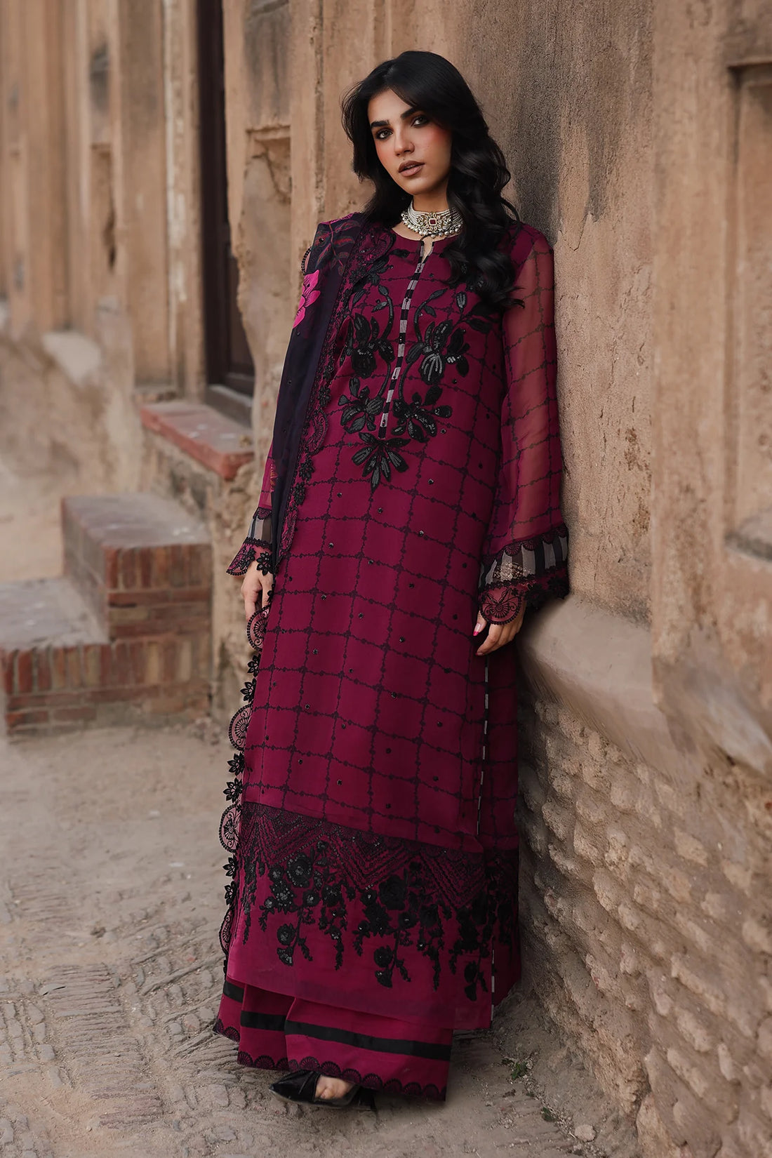 Pakistanimoda Charizma VSL25-39 burgundy chiffon stitched dress from Vasal Vol 6 Unstitched Luxury Chiffon Collection.