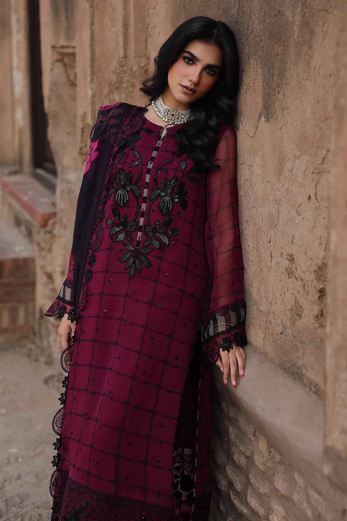 Pakistanimoda Charizma VSL25-39 burgundy chiffon stitched dress from Vasal Vol 6 Unstitched Luxury Chiffon Collection.