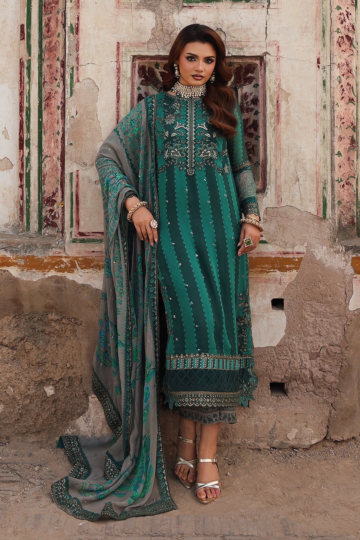 Pakistanimoda Charizma VSL25-40 bottle green chiffon stitched suit from Vasal Vol 6 Unstitched Luxury Chiffon Collection.