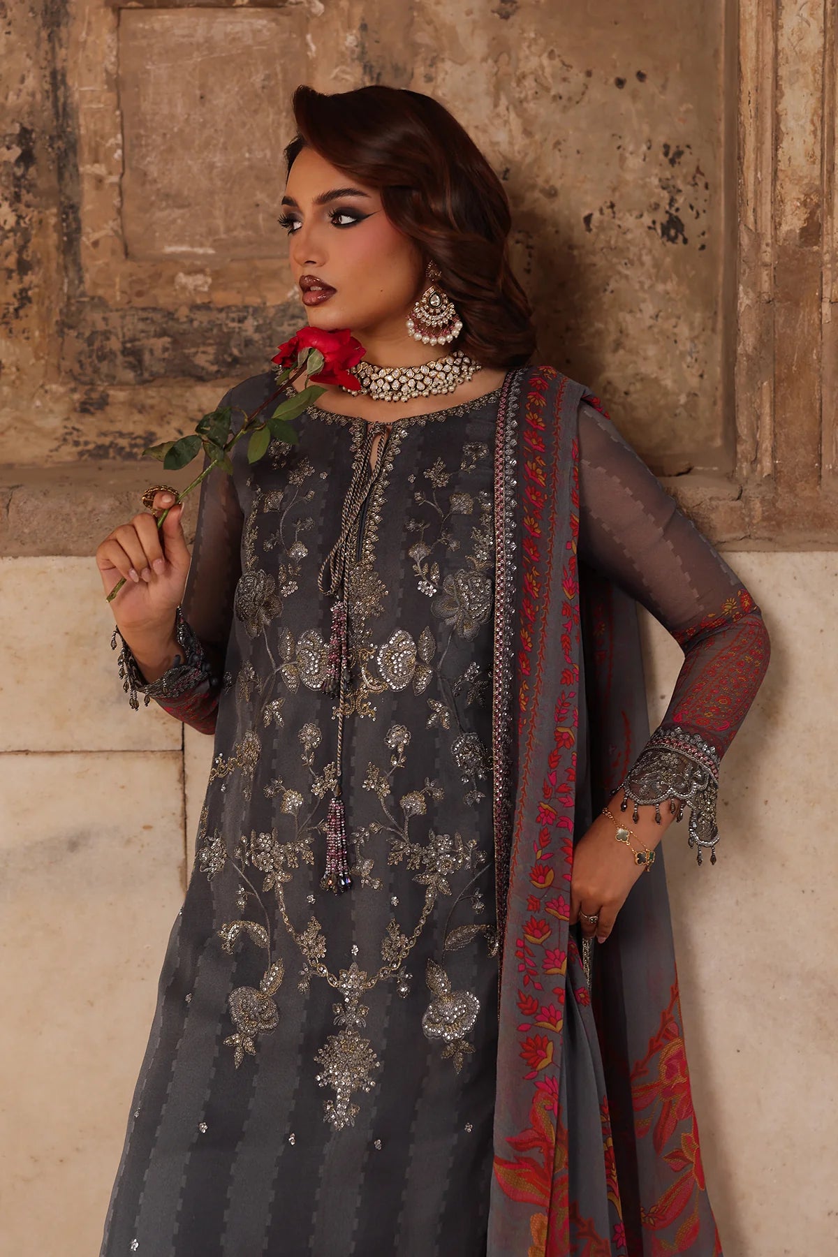 Pakistanimoda Charizma VSL25-41 dark grey chiffon stitched suit from Vasal Vol 6 Unstitched Luxury Chiffon Collection.