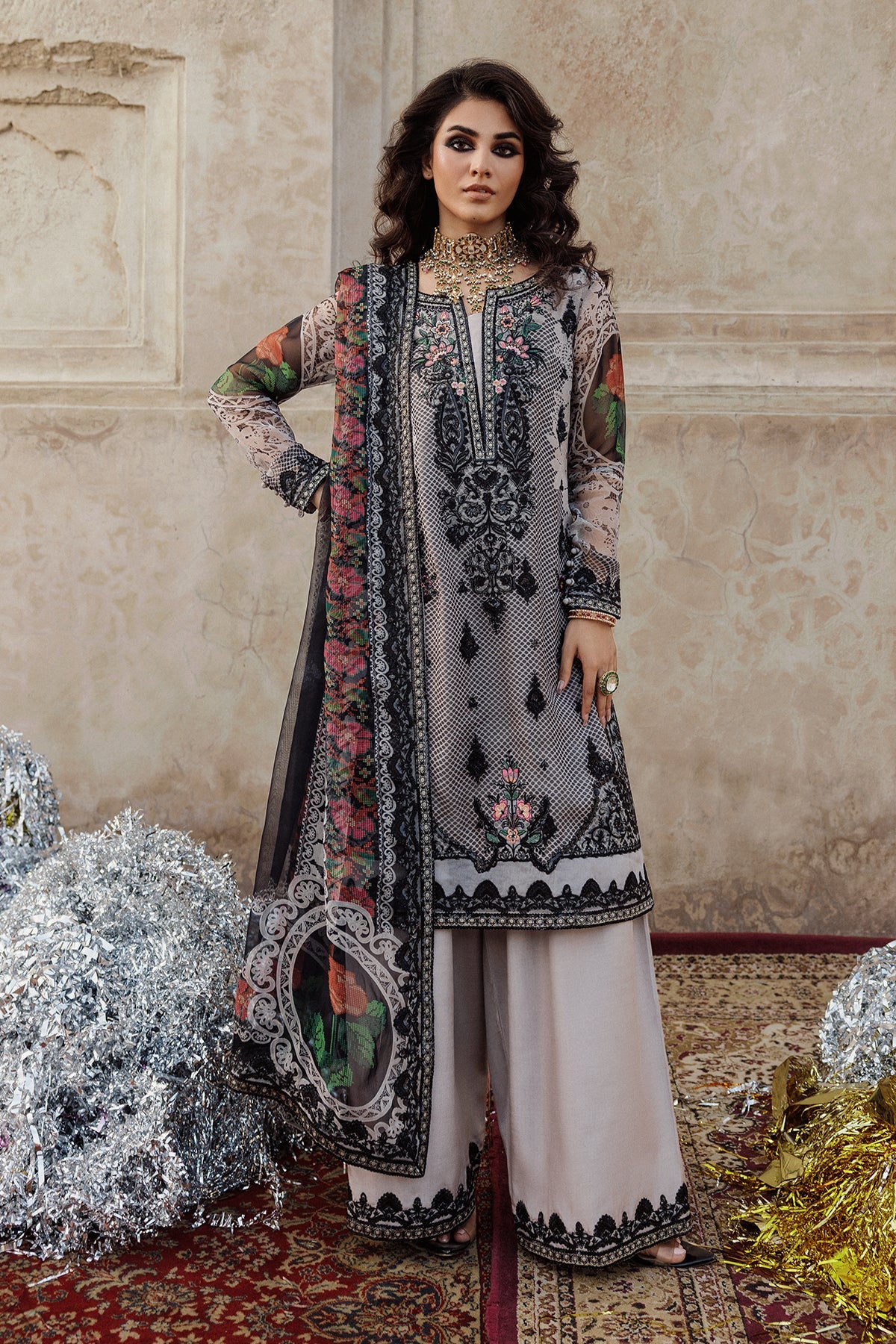 Pakistanimoda Charizma VSL25-44 grey chiffon stitched suit from Vasal Vol 6 Unstitched Luxury Chiffon Collection.
