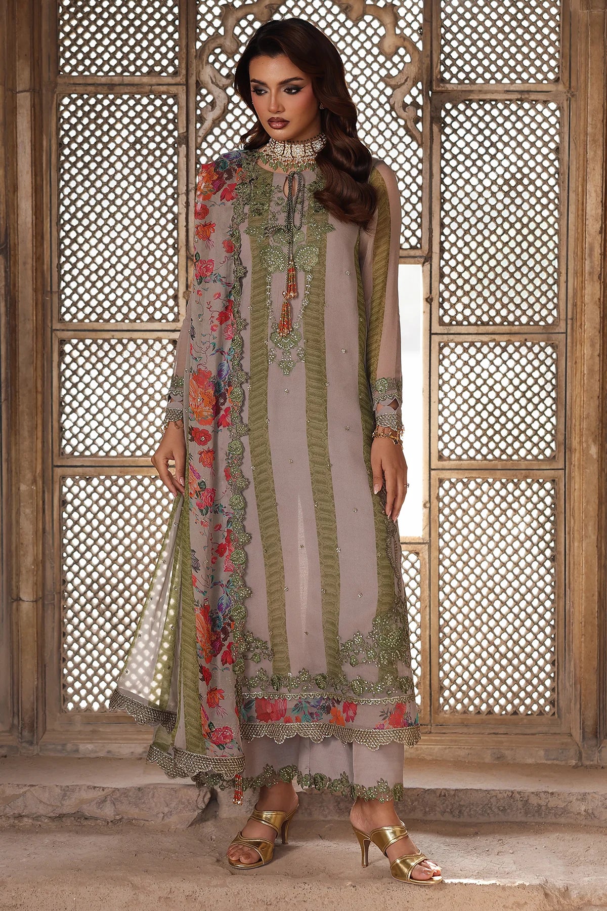 Charizma VSL25-46 skin chiffon embroidered stitched suit with silk trouser, perfect for weddings and festive occasions.