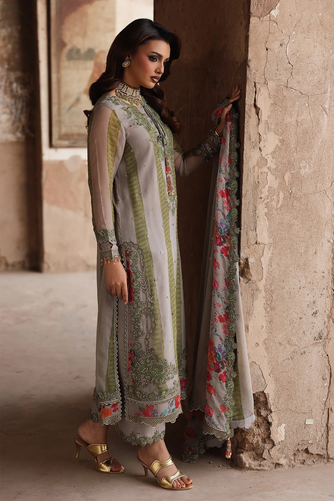 Charizma VSL25-46 skin chiffon embroidered stitched suit with silk trouser, perfect for weddings and festive occasions.