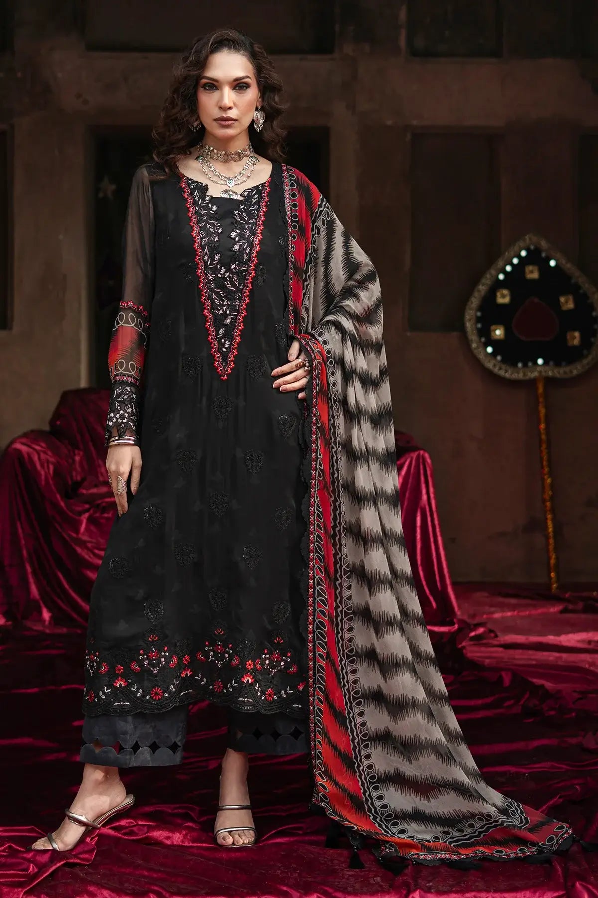 Black embroidered chiffon 3PC stitched suit VSL6-02 by Charizma Vasal Vol 02 with dupatta Pakistanimoda online
