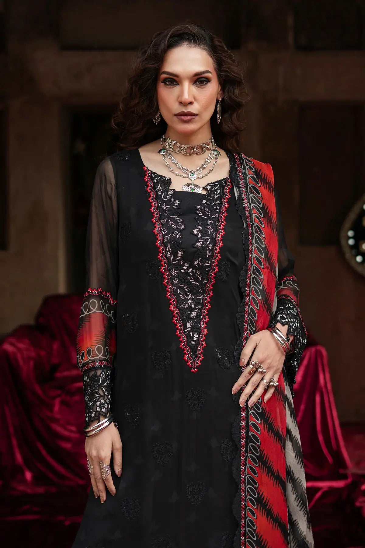Black embroidered chiffon 3PC stitched suit VSL6-02 by Charizma Vasal Vol 02 with dupatta Pakistanimoda online