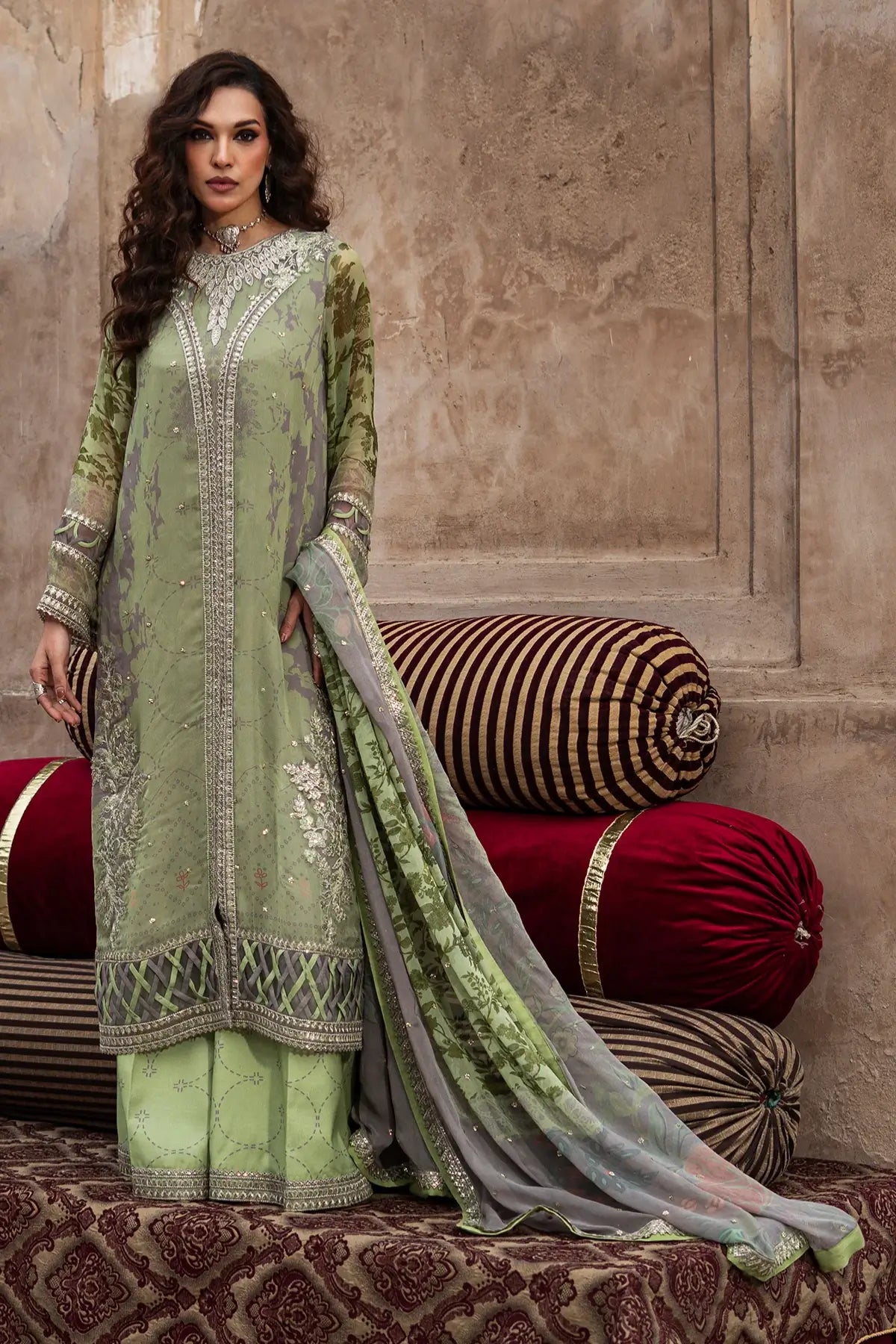 VSL6-06 pistachio green chiffon embroidered stitched 3PC suit Charizma Vasal Vol 02 Pakistanimoda