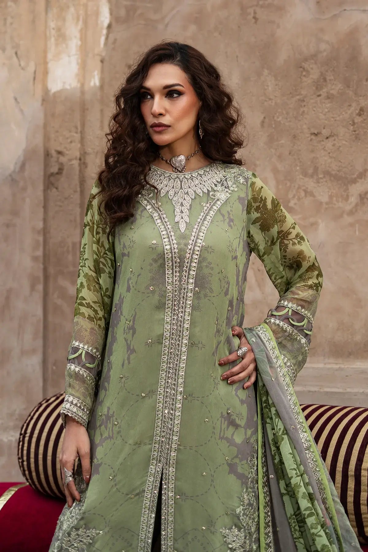 VSL6-06 pistachio green chiffon embroidered stitched 3PC suit Charizma Vasal Vol 02 Pakistanimoda