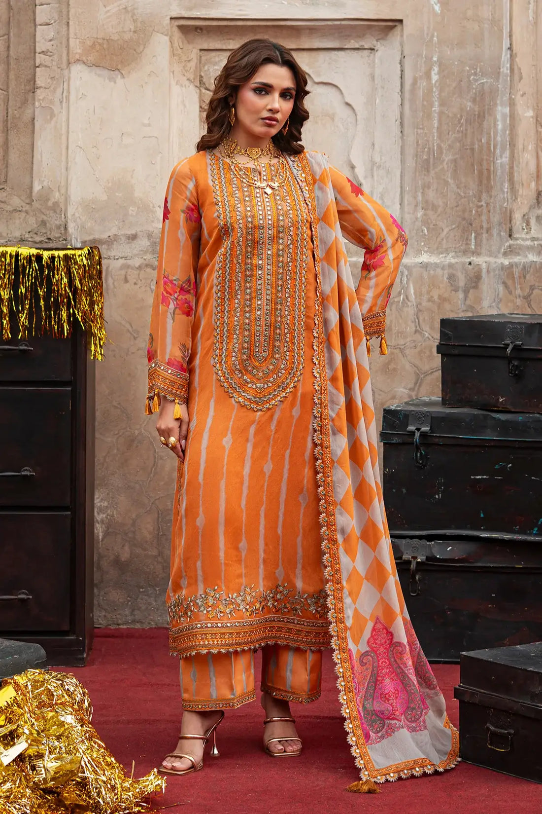 VSL6-08 orange chiffon embroidered stitched 3PC suit Charizma Vasal Vol 02 Pakistanimoda