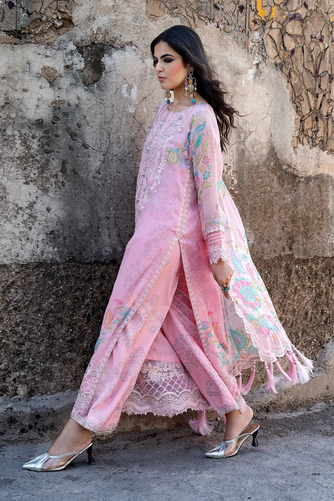 Charizma VSLW6-01 Pink Embroidered Chiffon Stitched 3PC Suit with Printed Raw Silk Trouser