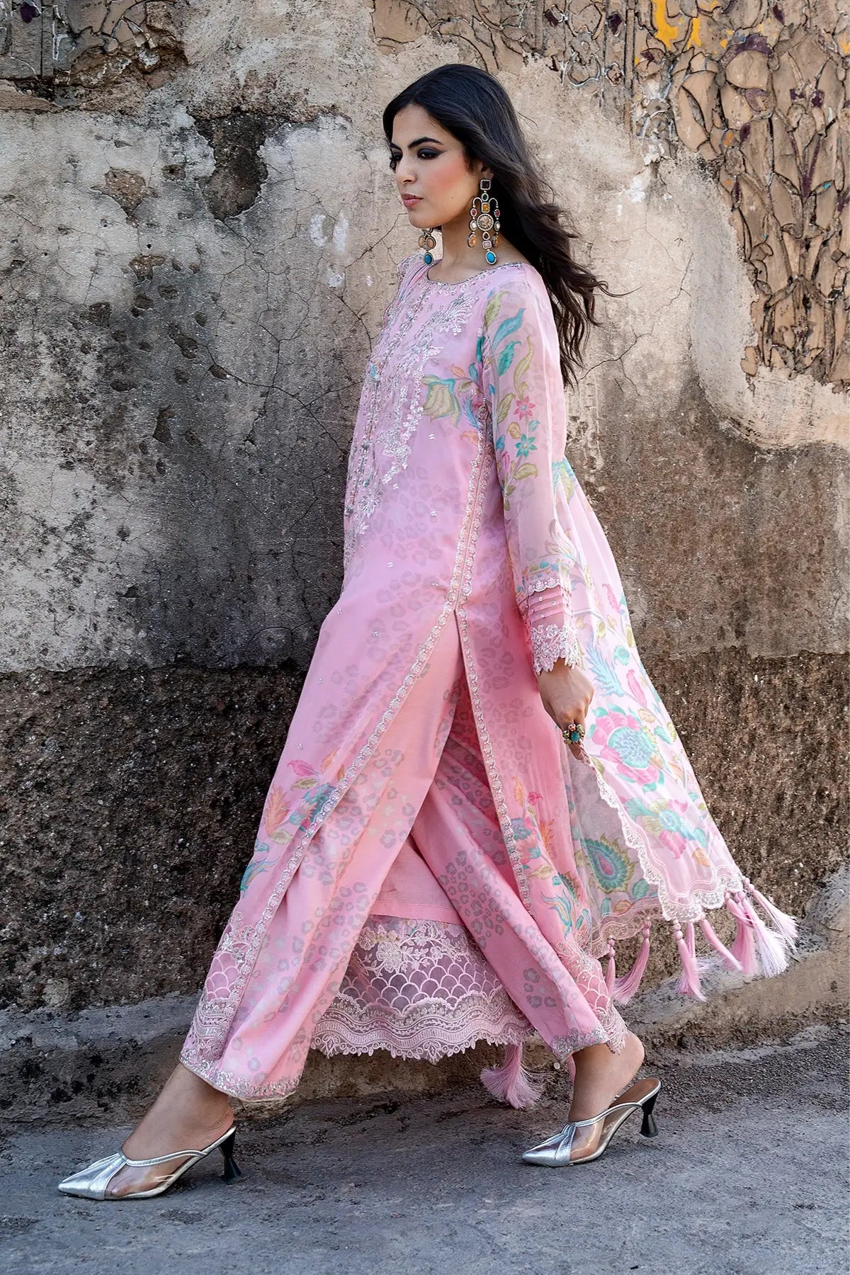 Charizma VSLW6-01 Pink Embroidered Chiffon Stitched 3PC Suit with Printed Raw Silk Trouser