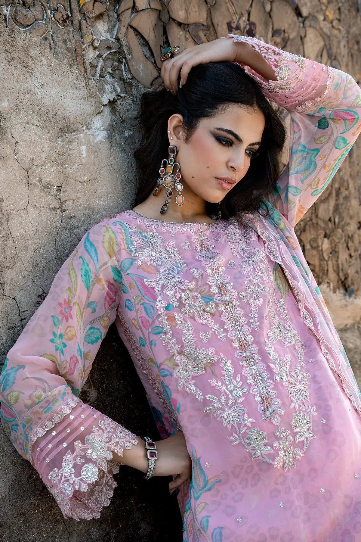 Charizma VSLW6-01 Pink Embroidered Chiffon Stitched 3PC Suit with Printed Raw Silk Trouser