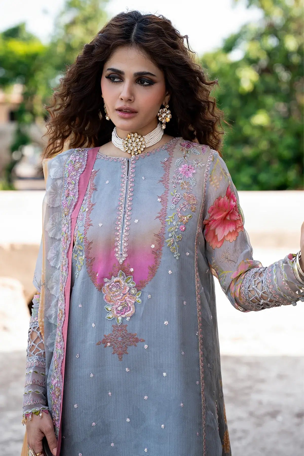 Charizma VSLW6-03 Grey Embroidered Chiffon Stitched 3PC Formal Suit with Printed Raw Silk Trouser