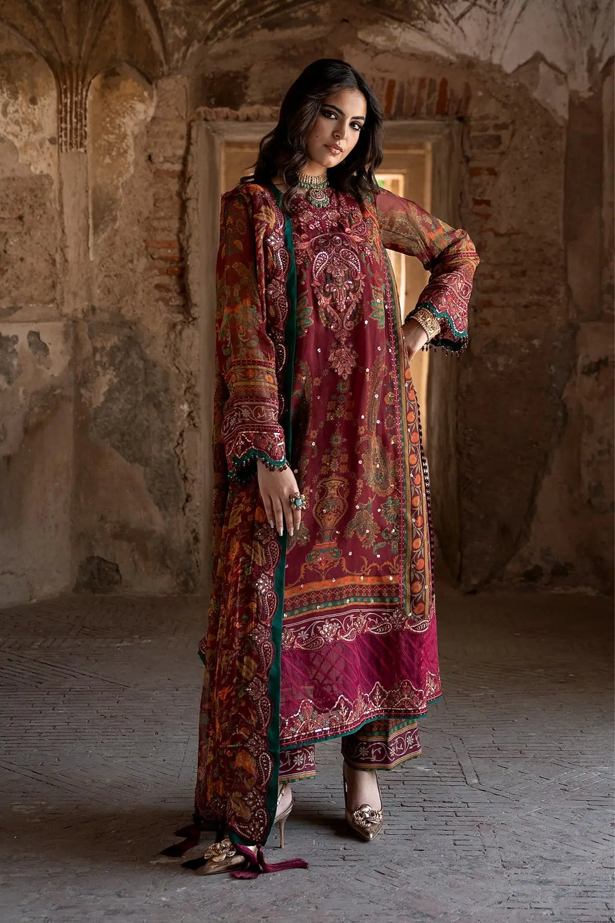 Charizma VSLW6-04 Deep Maroon Formal Chiffon Stitched Suit with Embroidered Dupatta and Raw Silk Trouser