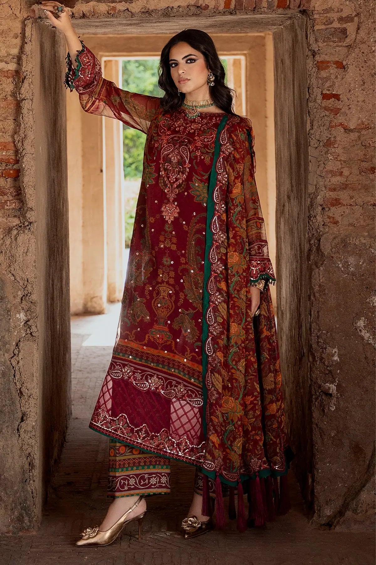 Charizma VSLW6-04 Deep Maroon Formal Chiffon Stitched Suit with Embroidered Dupatta and Raw Silk Trouser