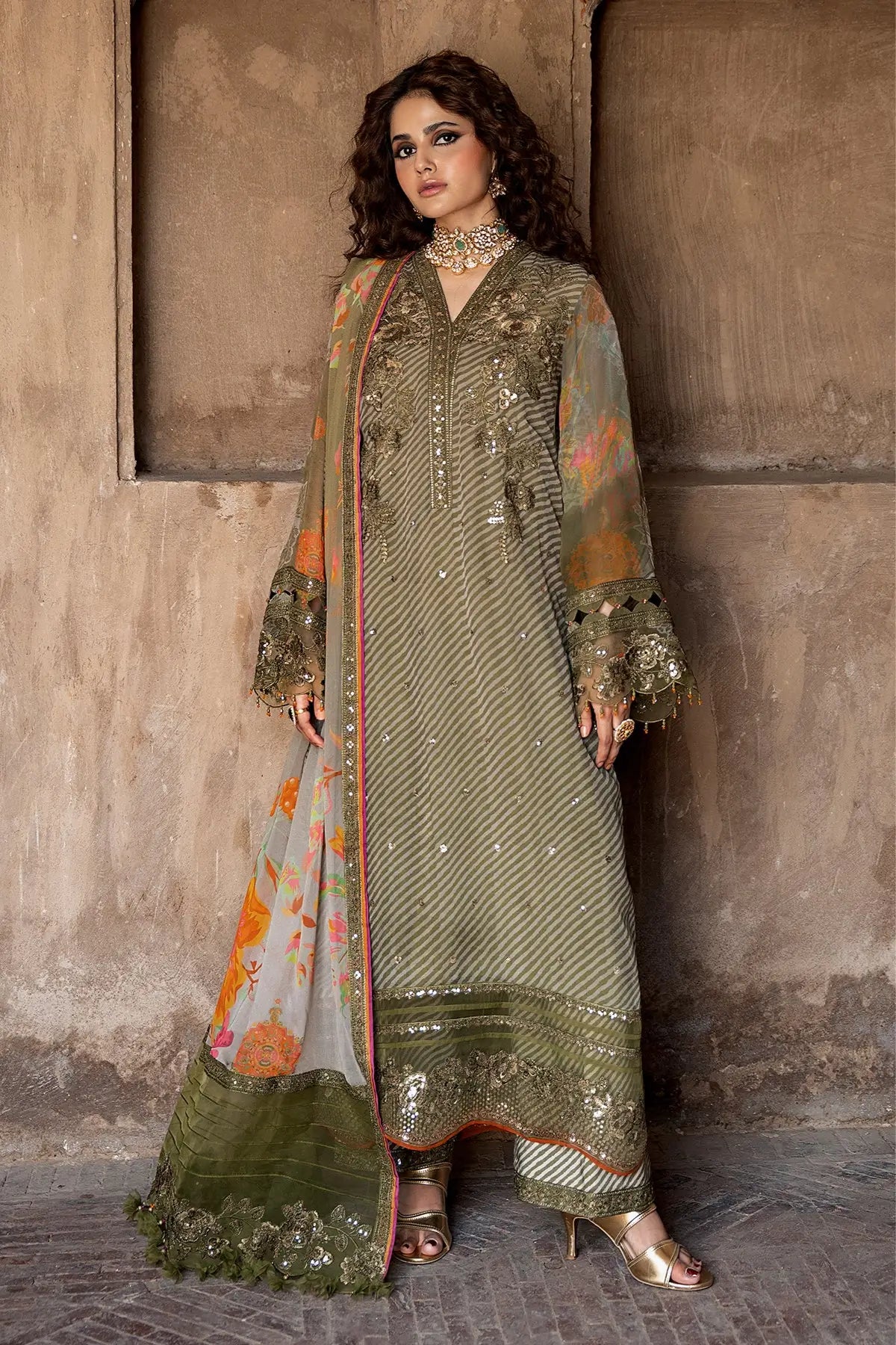 Charizma VSLW6-05 Olive Green Embroidered Chiffon Stitched Suit with Printed Raw Silk Trouser