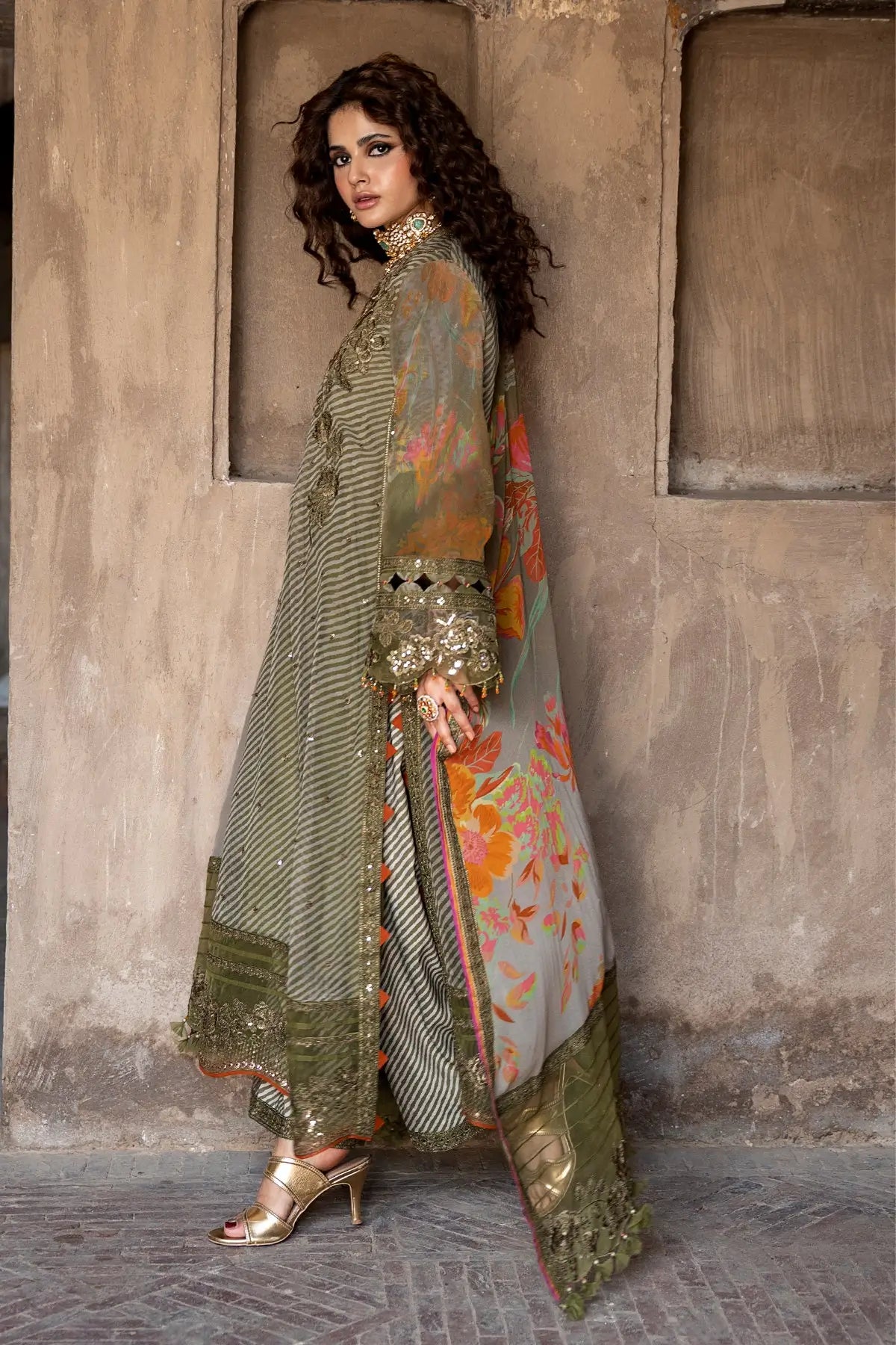 Charizma VSLW6-05 Olive Green Embroidered Chiffon Stitched Suit with Printed Raw Silk Trouser