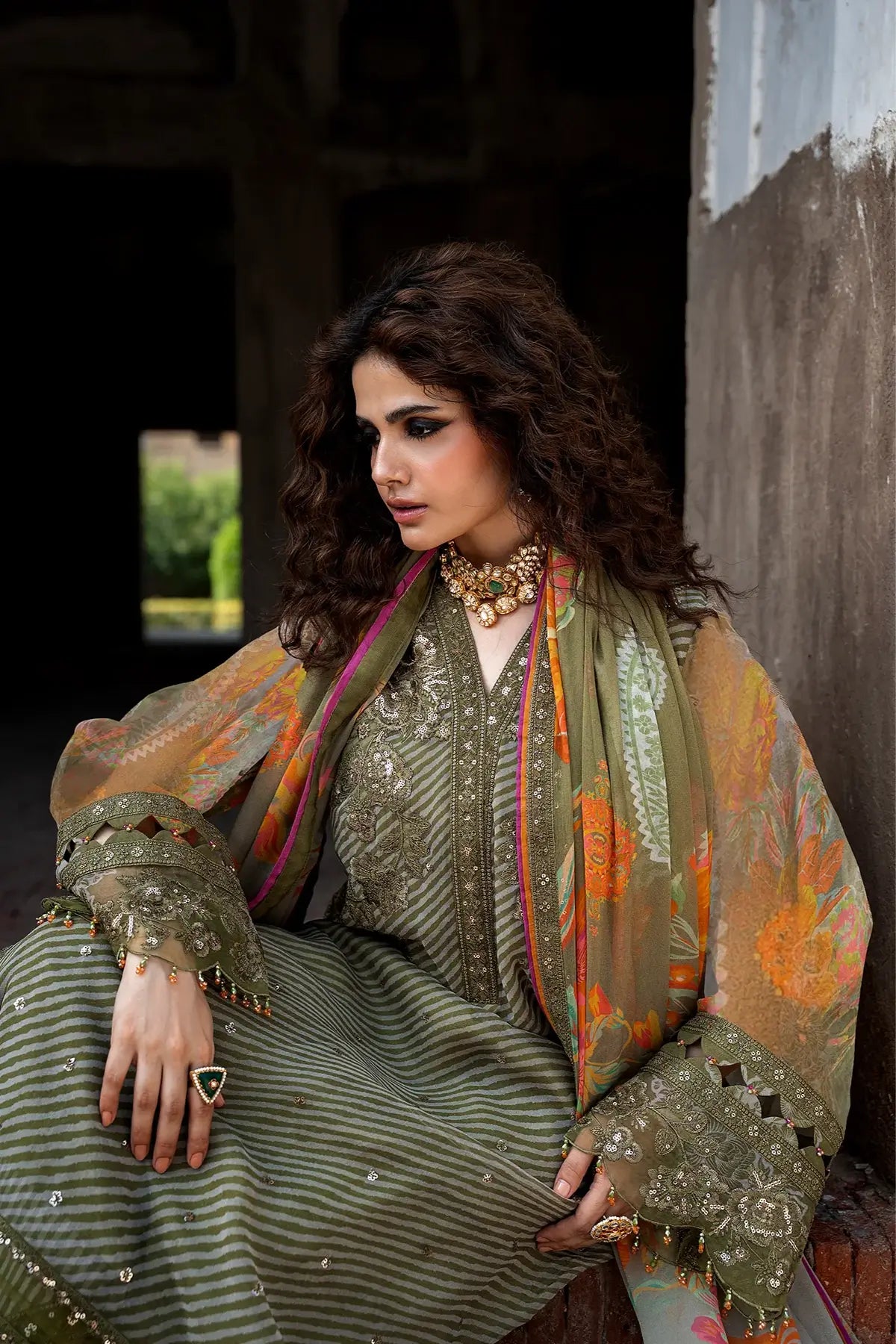 Charizma VSLW6-05 Olive Green Embroidered Chiffon Stitched Suit with Printed Raw Silk Trouser