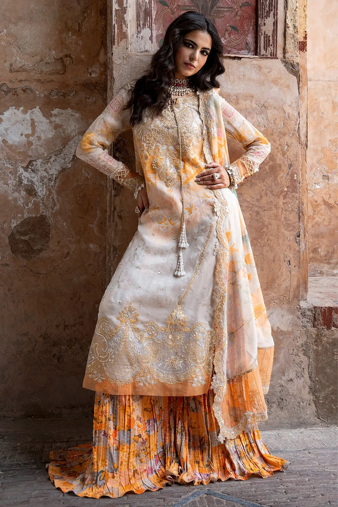Charizma VSLW6-06 Ivory Embroidered Chiffon Stitched 3PC Suit with Printed Raw Silk Trouser