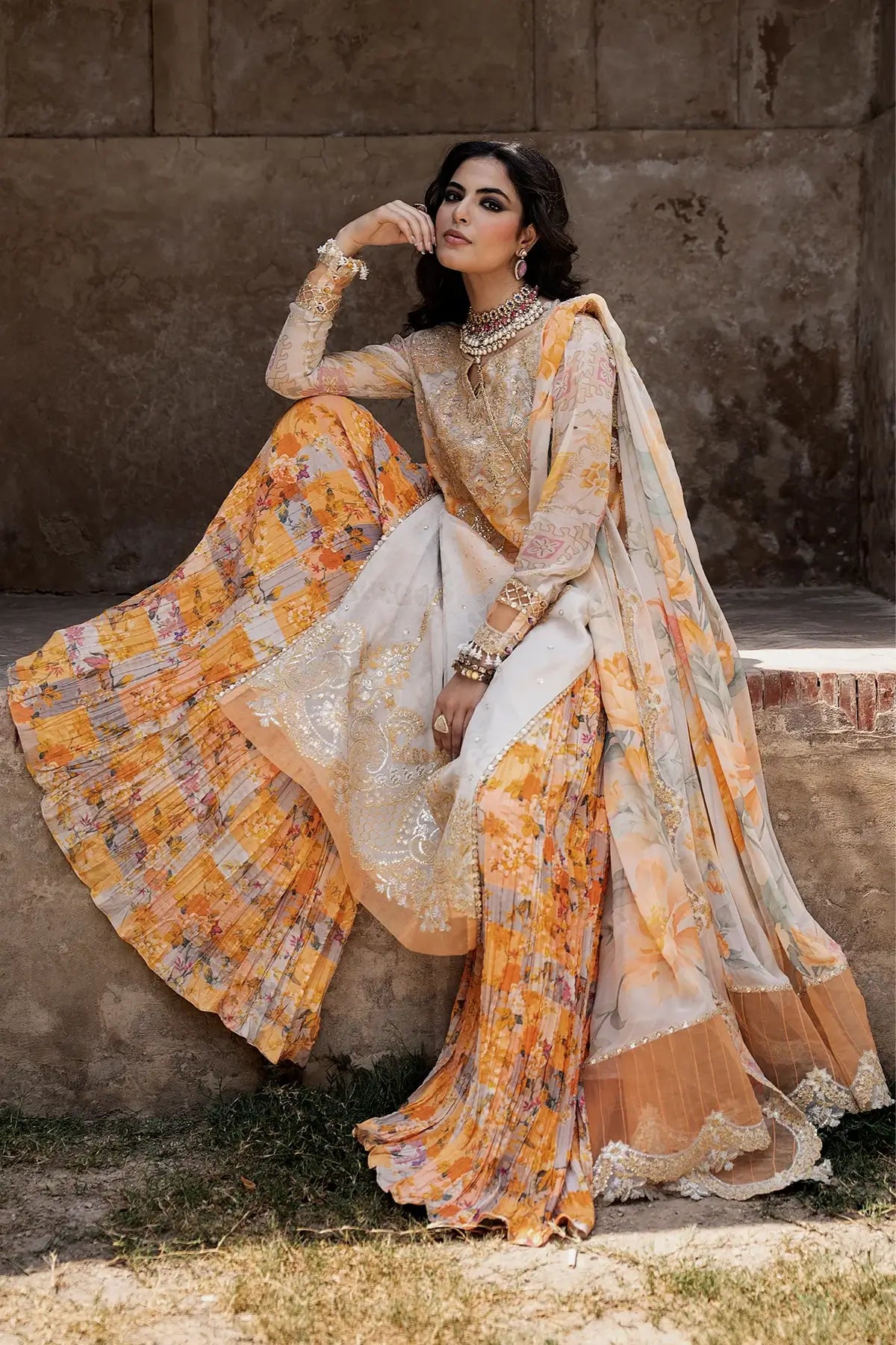 Charizma VSLW6-06 Ivory Embroidered Chiffon Stitched 3PC Suit with Printed Raw Silk Trouser