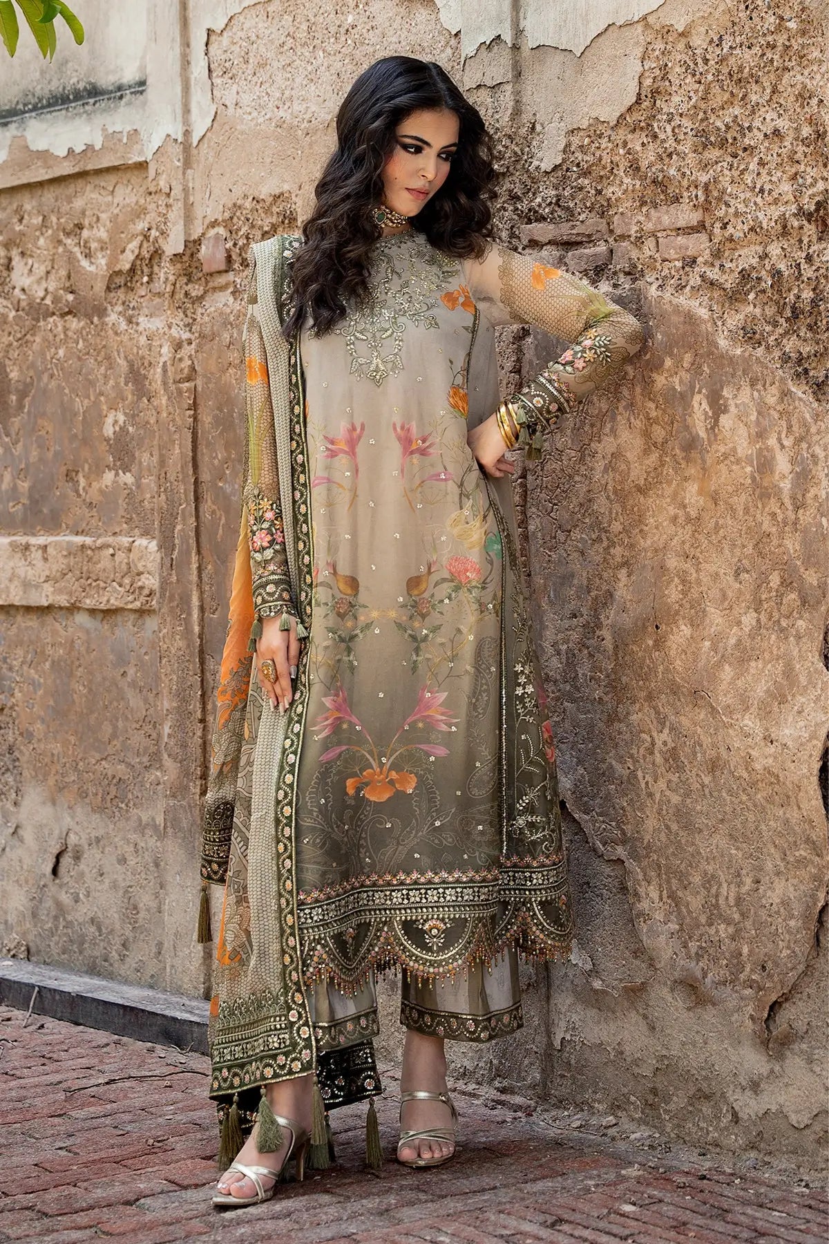 Charizma VSLW6-07 Olive Green Festive Embroidered Chiffon Suit with Printed Raw Silk Trouser