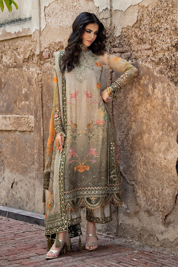 Charizma VSLW6-07 Olive Green Festive Embroidered Chiffon Suit with Printed Raw Silk Trouser