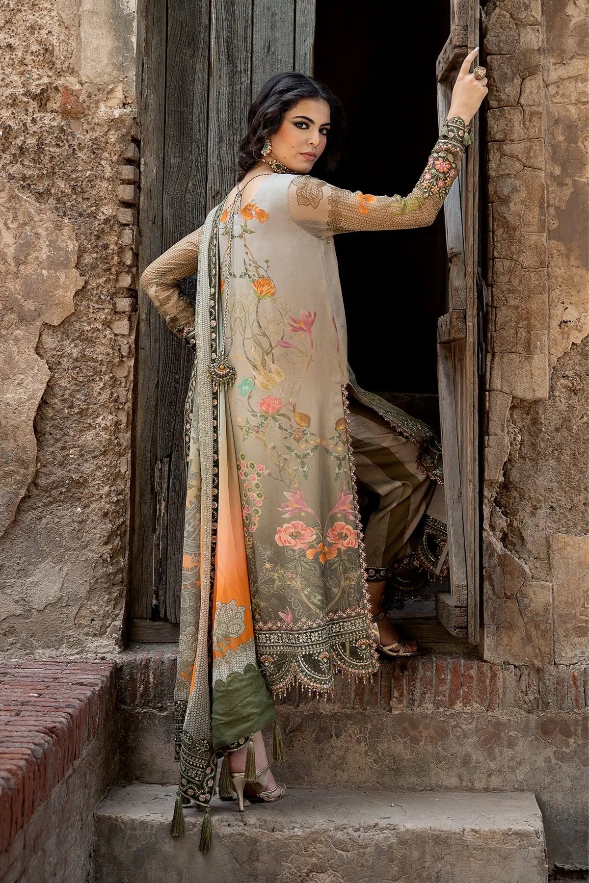 Charizma VSLW6-07 Olive Green Festive Embroidered Chiffon Suit with Printed Raw Silk Trouser