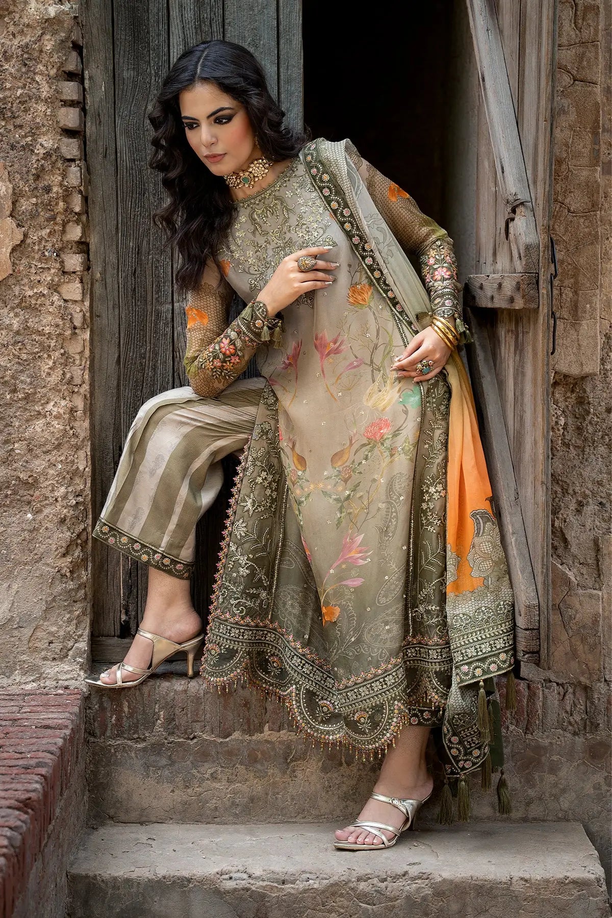 Charizma VSLW6-07 Olive Green Festive Embroidered Chiffon Suit with Printed Raw Silk Trouser