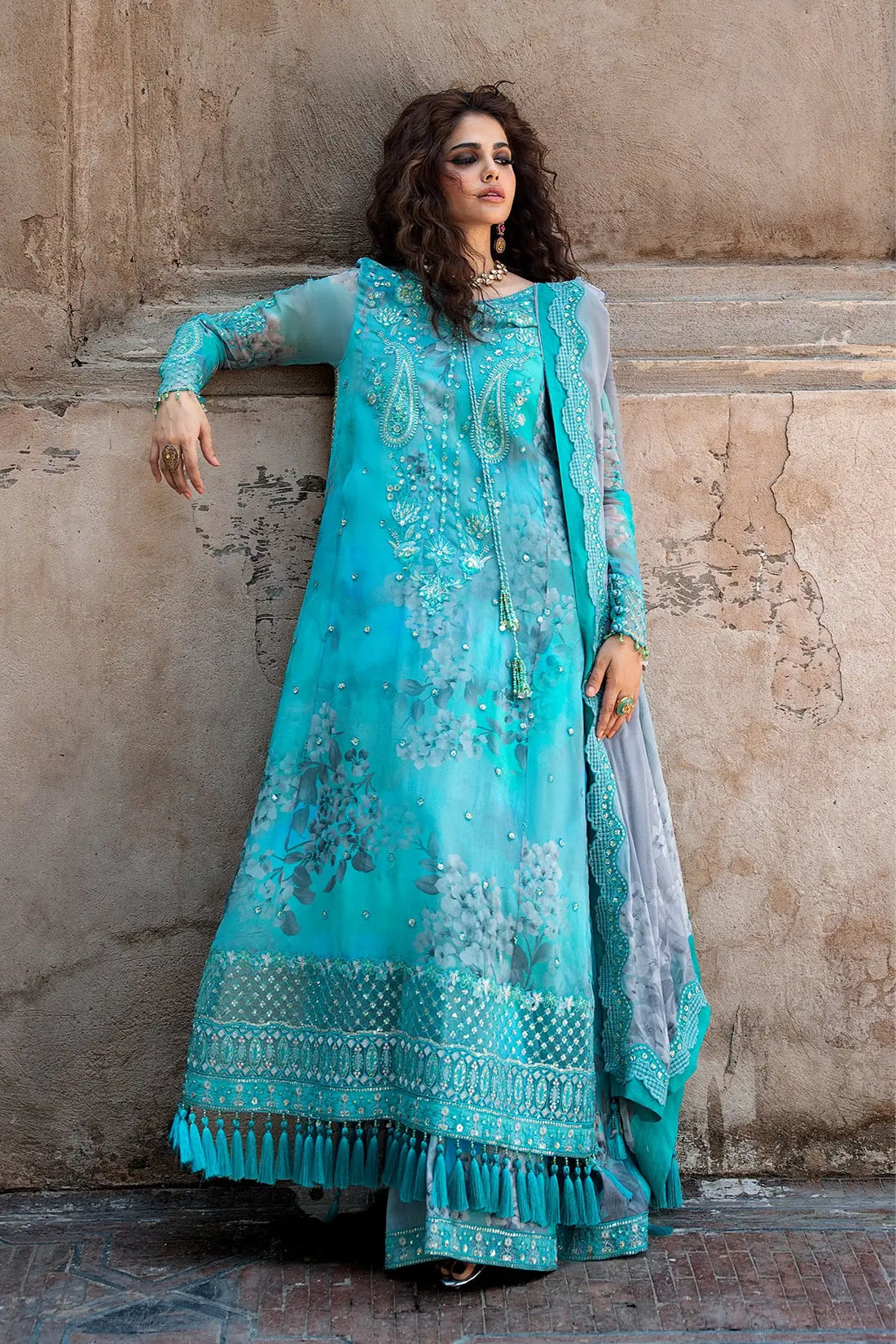 Charizma VSLW6-08 Turquoise Embroidered Chiffon Stitched Suit with Printed Raw Silk Trouser