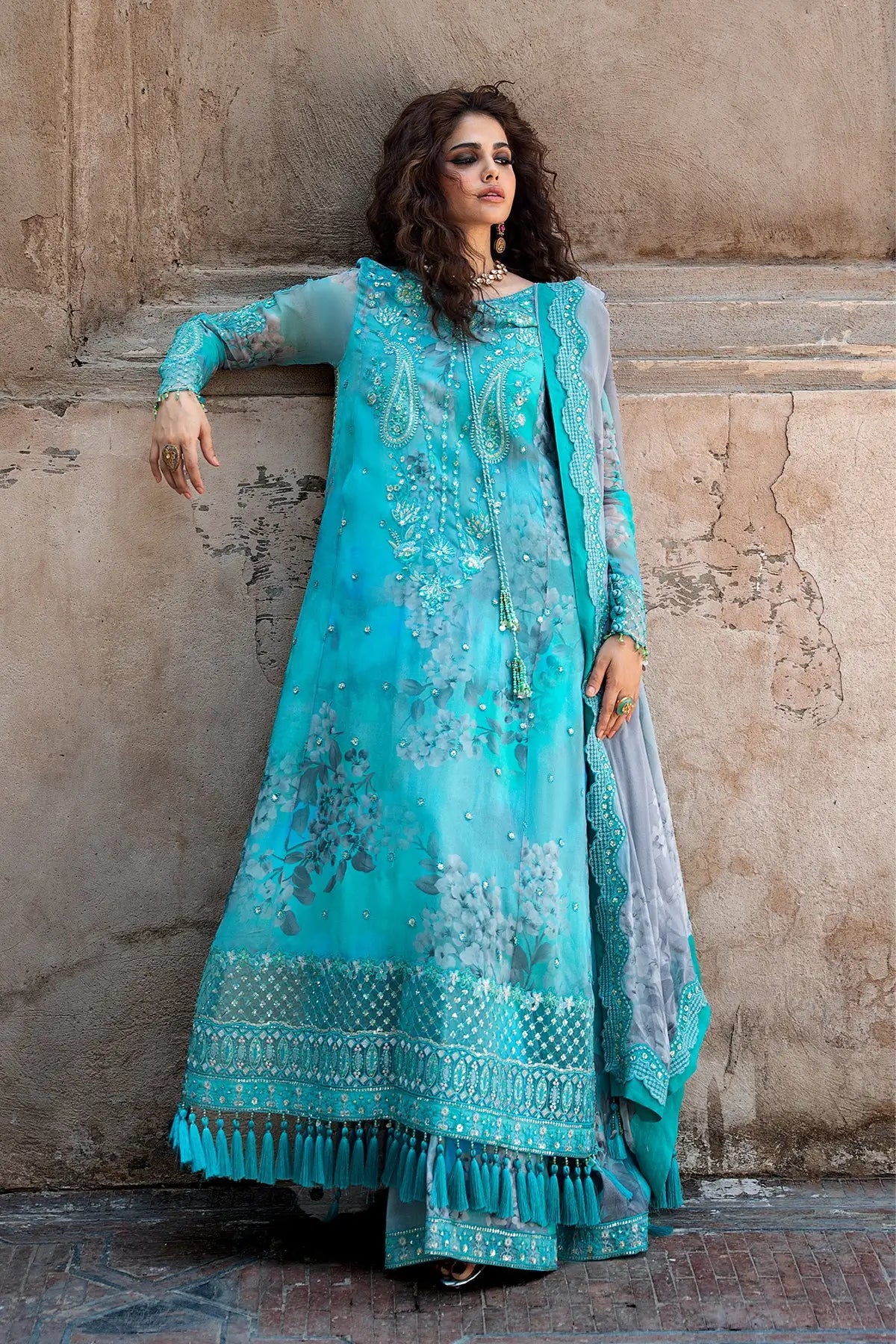Charizma VSLW6-08 Turquoise Embroidered Chiffon Stitched Suit with Printed Raw Silk Trouser