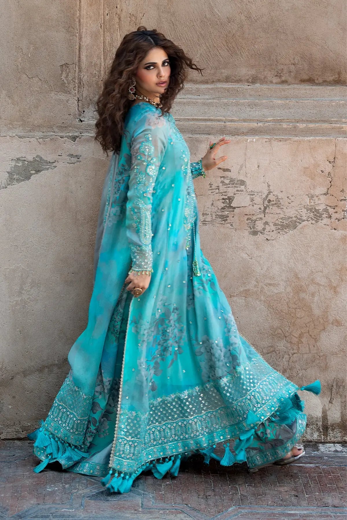 Charizma VSLW6-08 Turquoise Embroidered Chiffon Stitched Suit with Printed Raw Silk Trouser