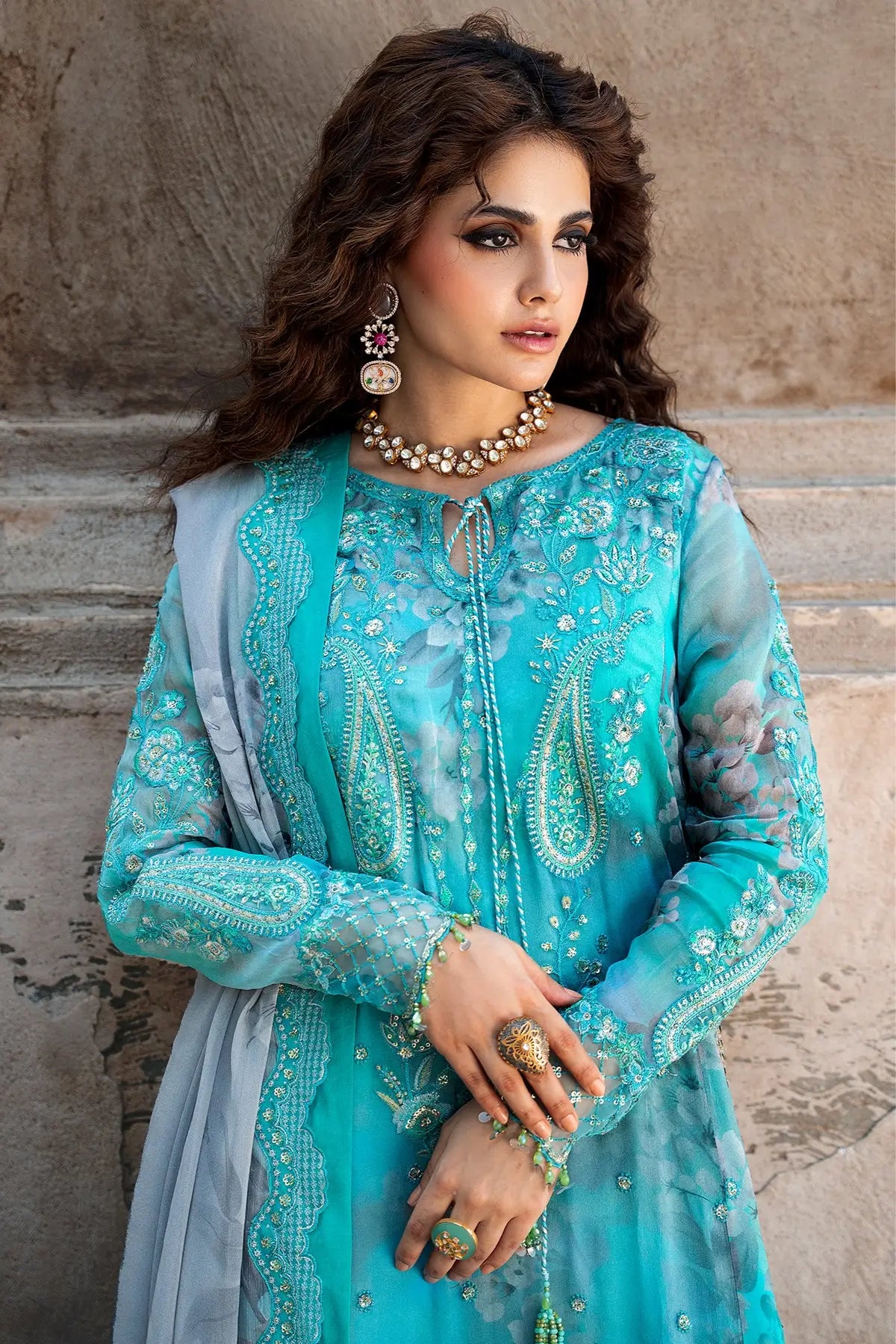 Charizma VSLW6-08 Turquoise Embroidered Chiffon Stitched Suit with Printed Raw Silk Trouser