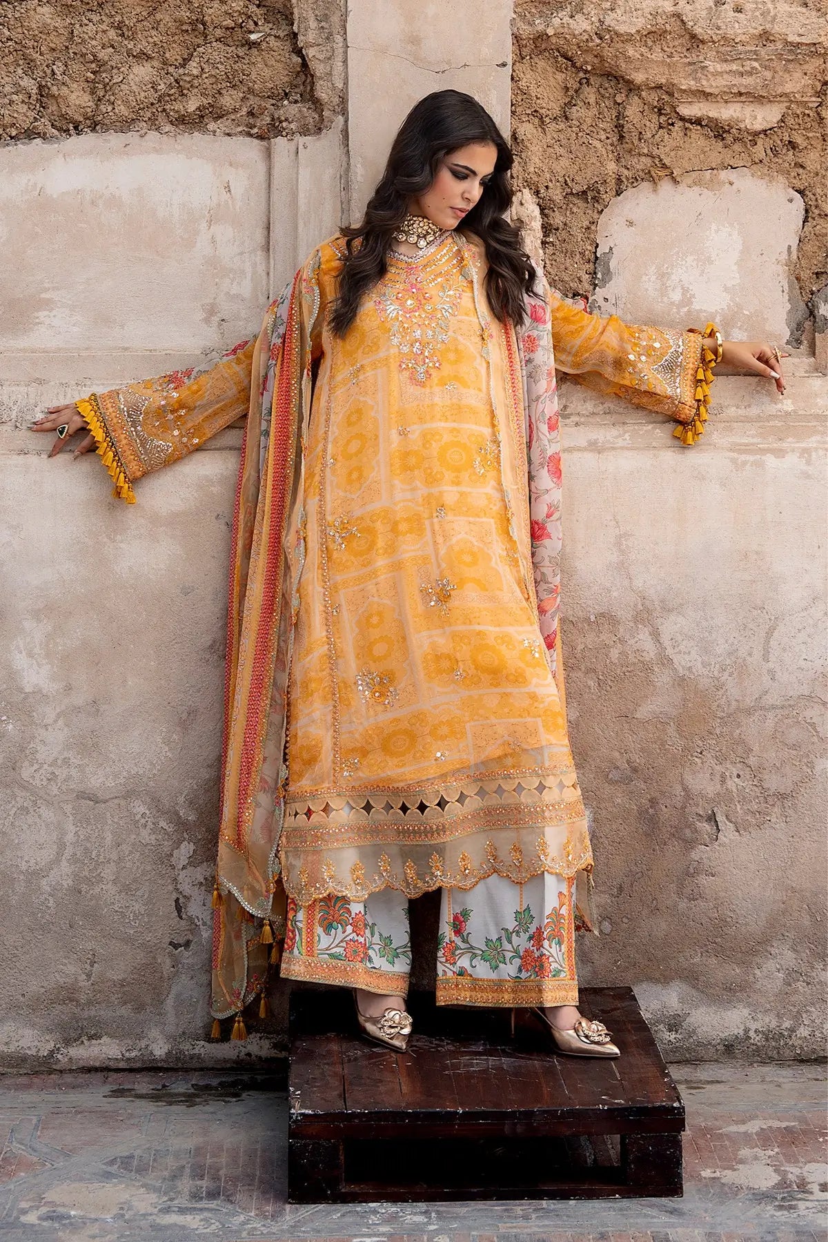 Charizma VSLW6-09 Marigold Embroidered Chiffon Stitched 3PC Suit with Printed Raw Silk Trouser