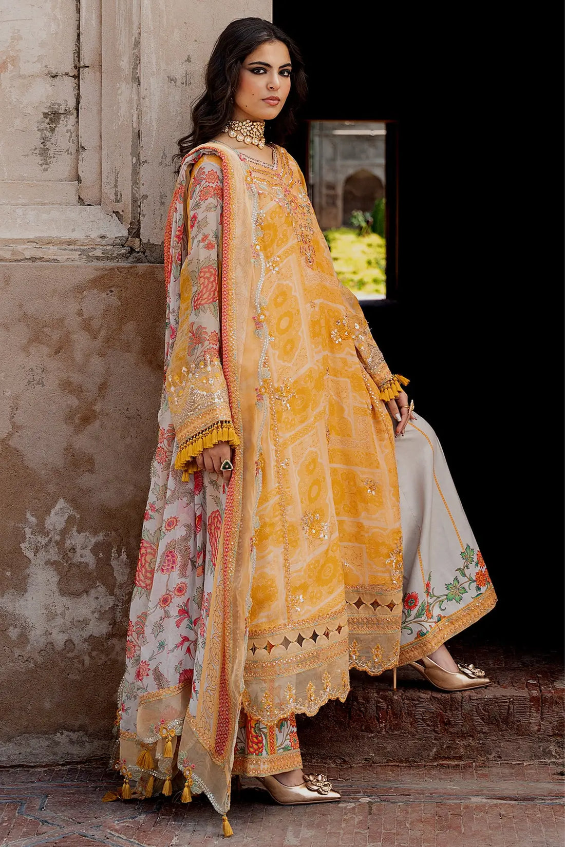 Charizma VSLW6-09 Marigold Embroidered Chiffon Stitched 3PC Suit with Printed Raw Silk Trouser