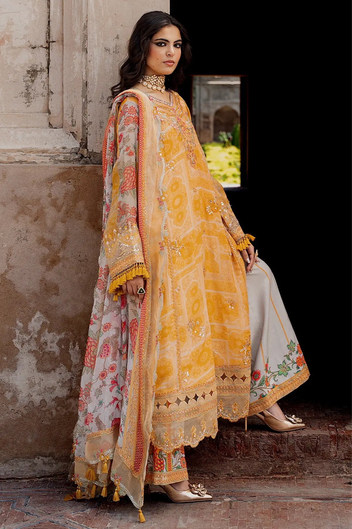 Charizma VSLW6-09 Marigold Embroidered Chiffon Stitched 3PC Suit with Printed Raw Silk Trouser