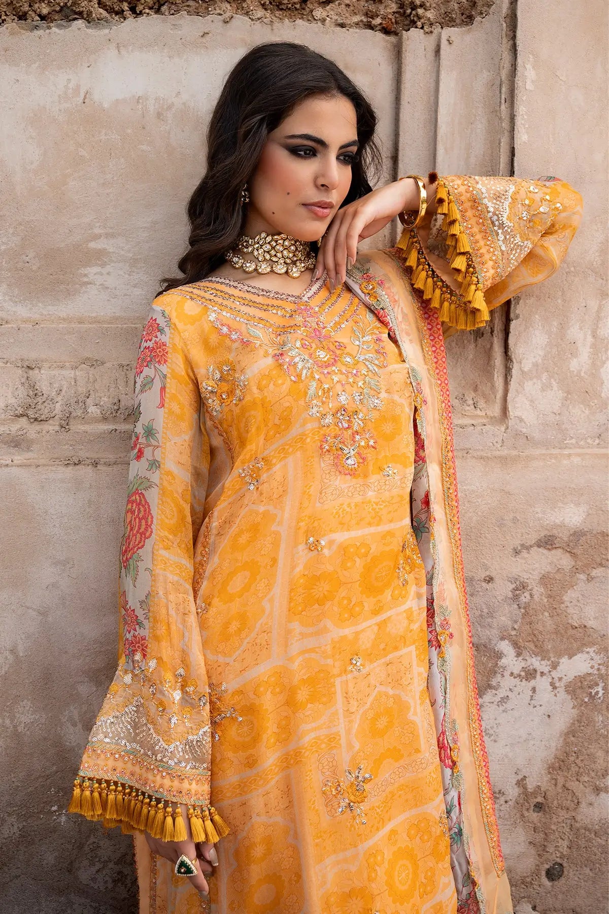 Charizma VSLW6-09 Marigold Embroidered Chiffon Stitched 3PC Suit with Printed Raw Silk Trouser