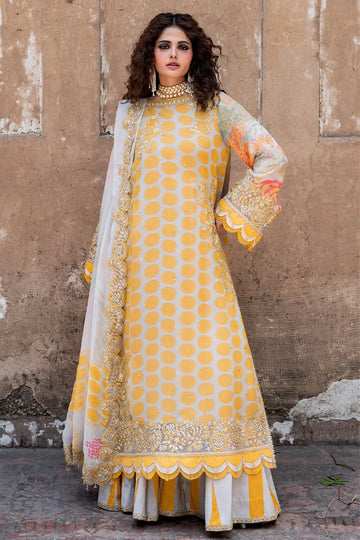 Charizma VSLW6-10 Mustard Yellow Party Wear Chiffon 3PC Suit with Embroidered Dupatta and Raw Silk Trouser