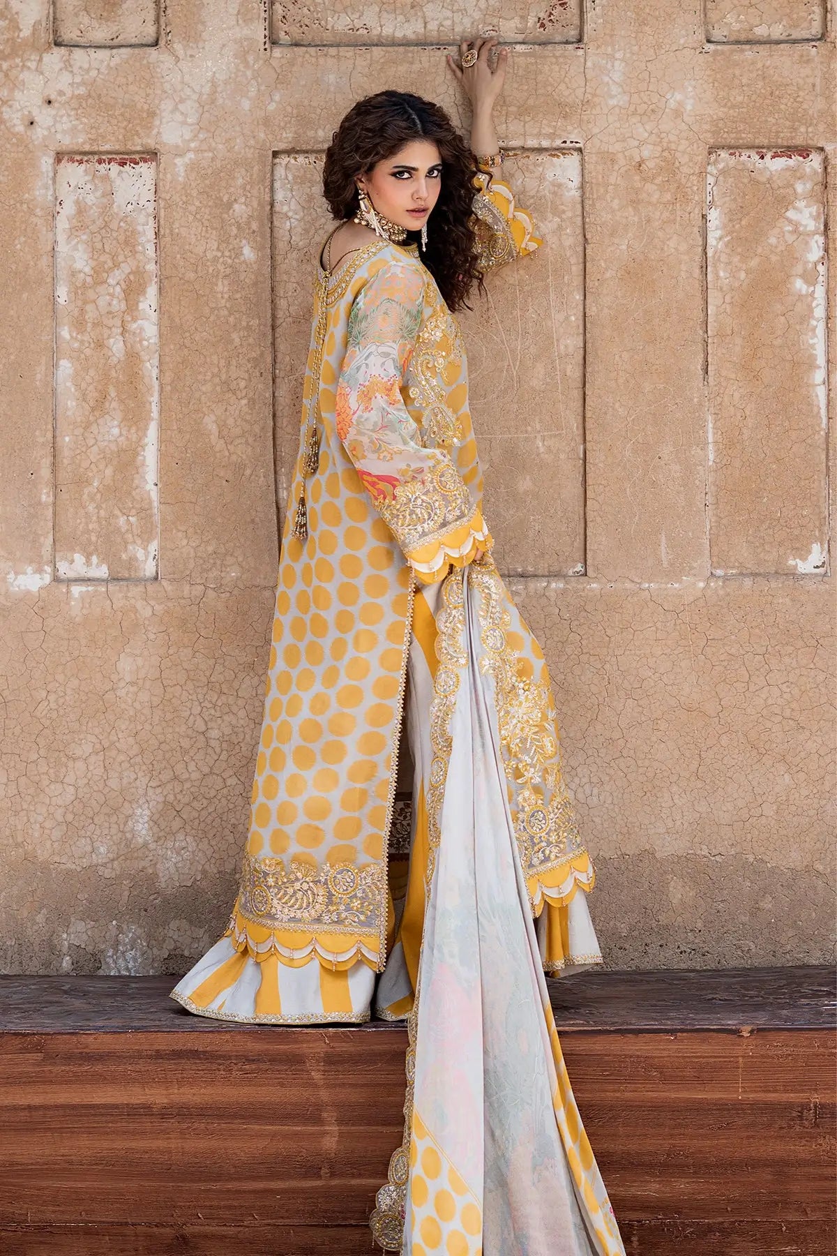 Charizma VSLW6-10 Mustard Yellow Party Wear Chiffon 3PC Suit with Embroidered Dupatta and Raw Silk Trouser