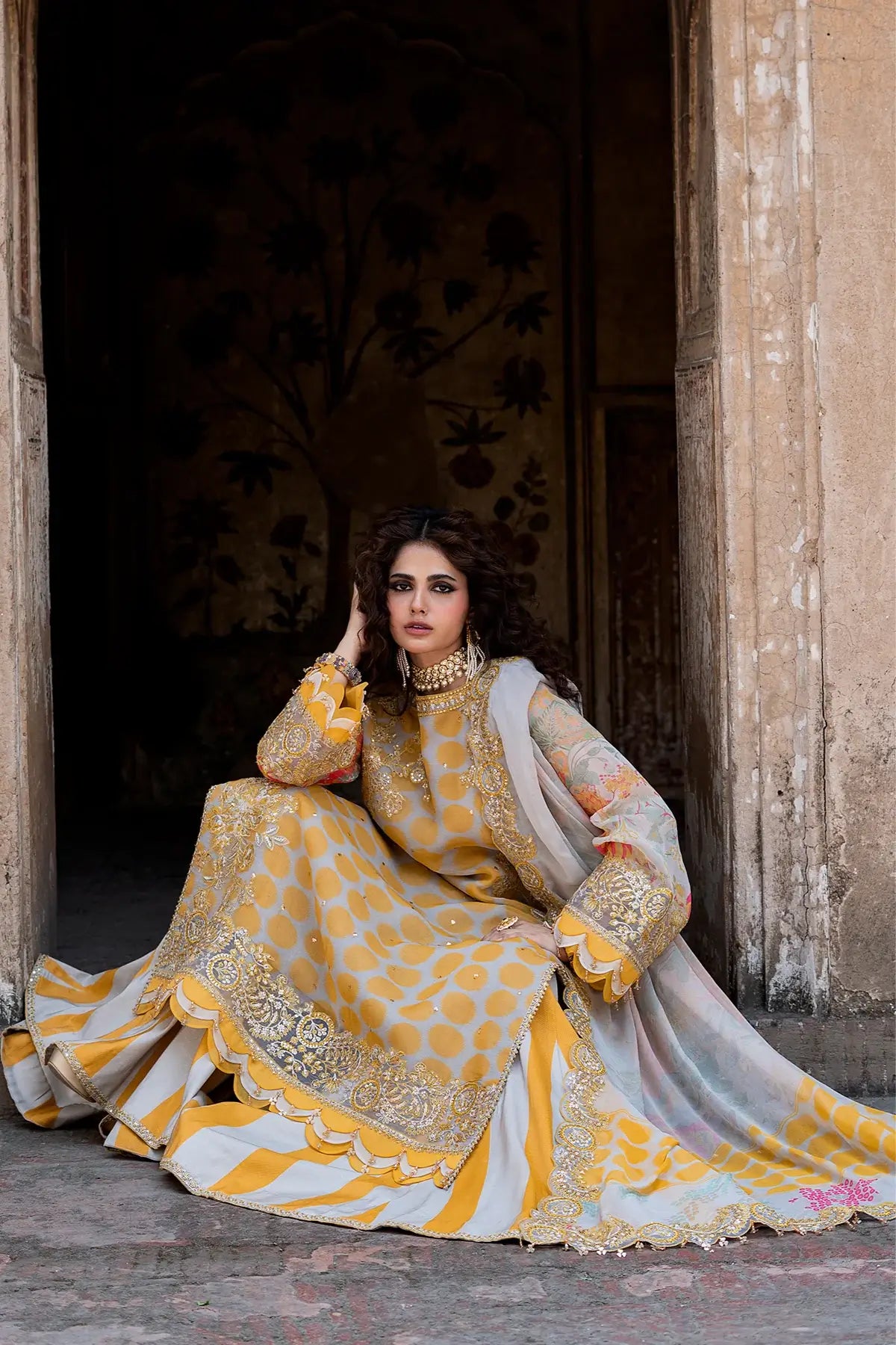 Charizma VSLW6-10 Mustard Yellow Party Wear Chiffon 3PC Suit with Embroidered Dupatta and Raw Silk Trouser
